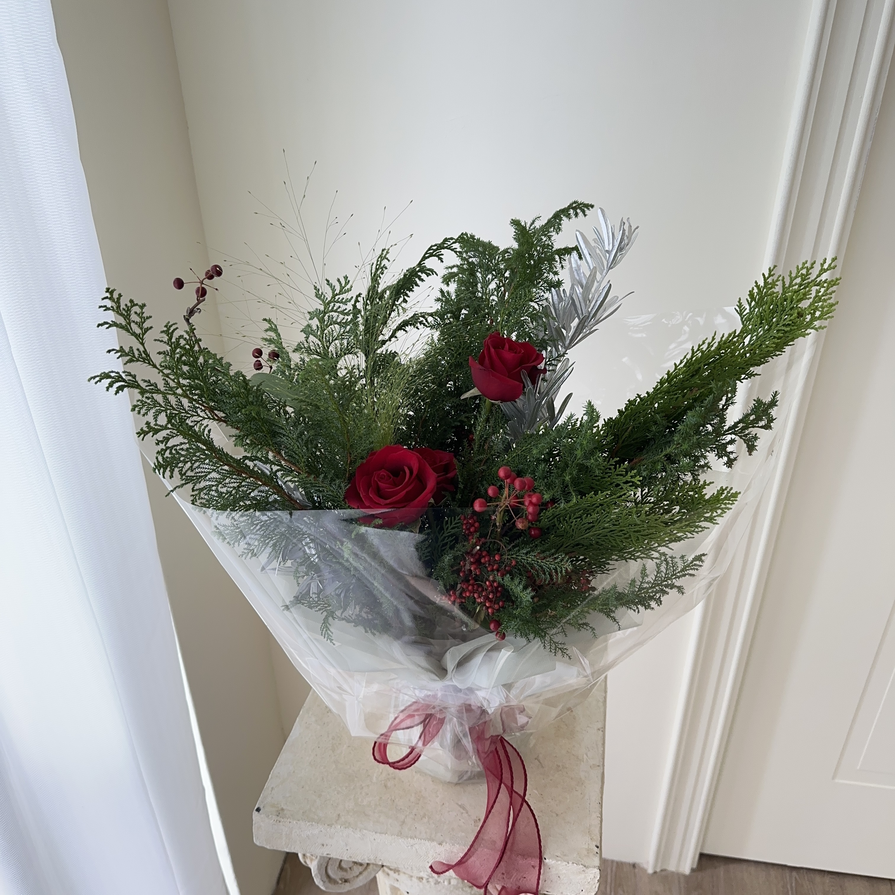 星夜雪松-聖誕雪松玫瑰花束（透明空氣感包裝款）