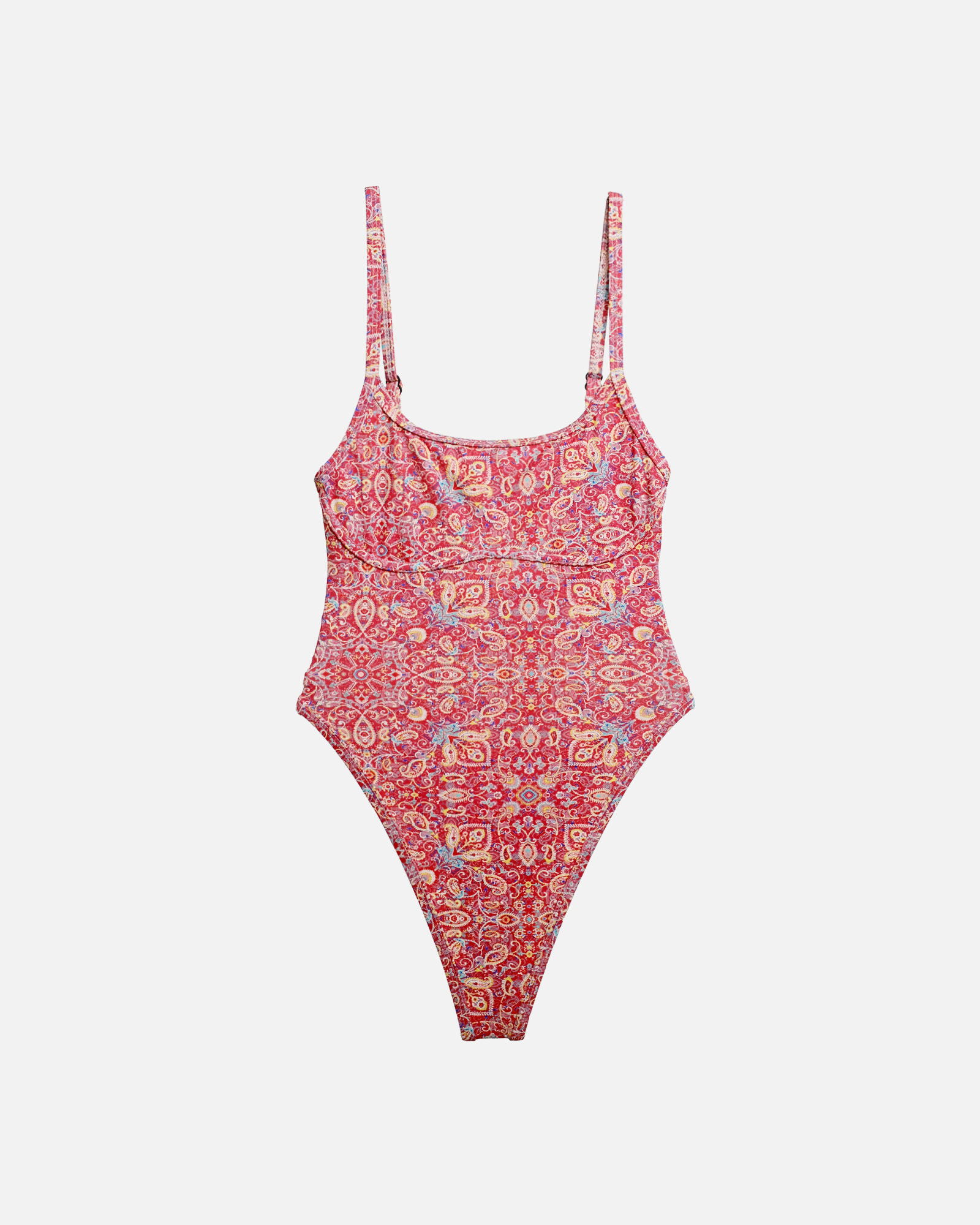 【復古花磚】ioo 細肩U領無墊高衩丁字連身泳裝