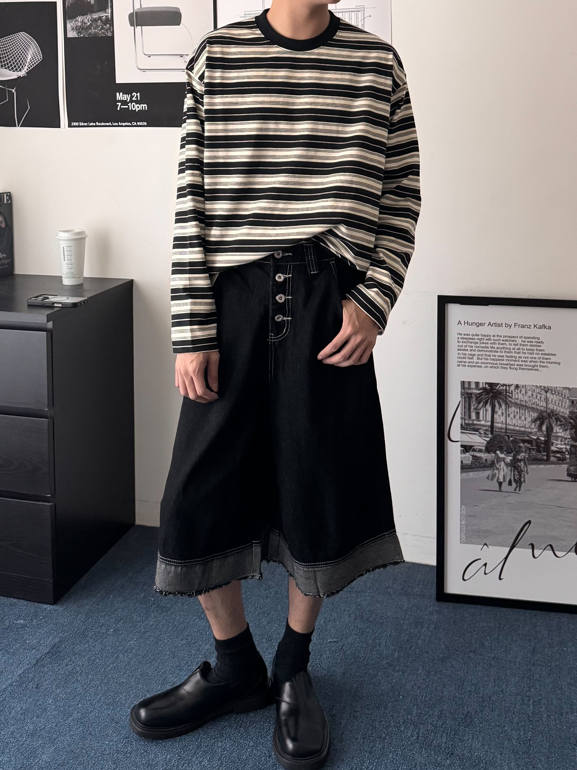 （現貨）P057 美式 多鈕扣 排扣 車線 毛邊 牛仔 七分褲