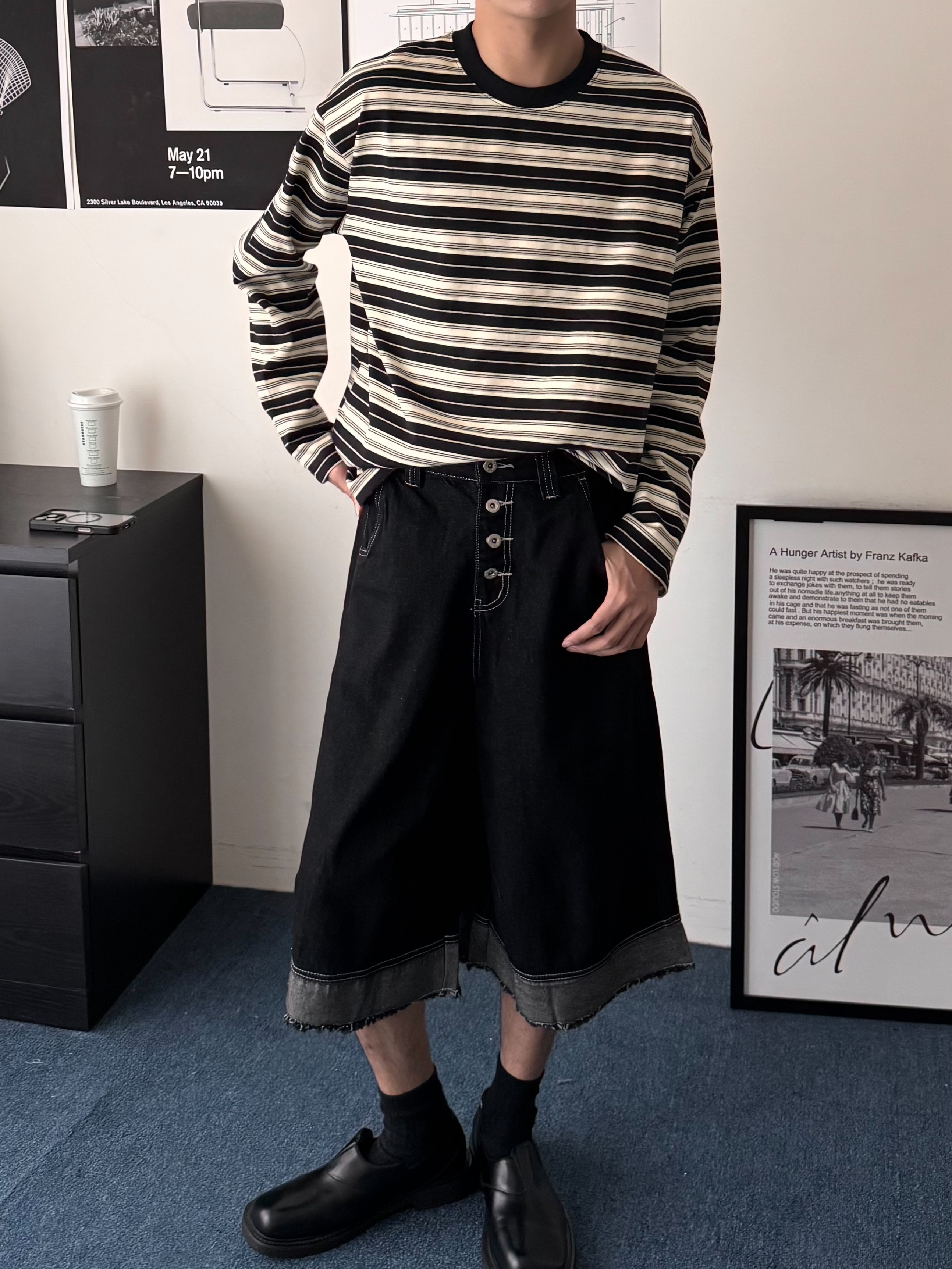 （現貨）P057 美式 多鈕扣 排扣 車線 毛邊 牛仔 七分褲