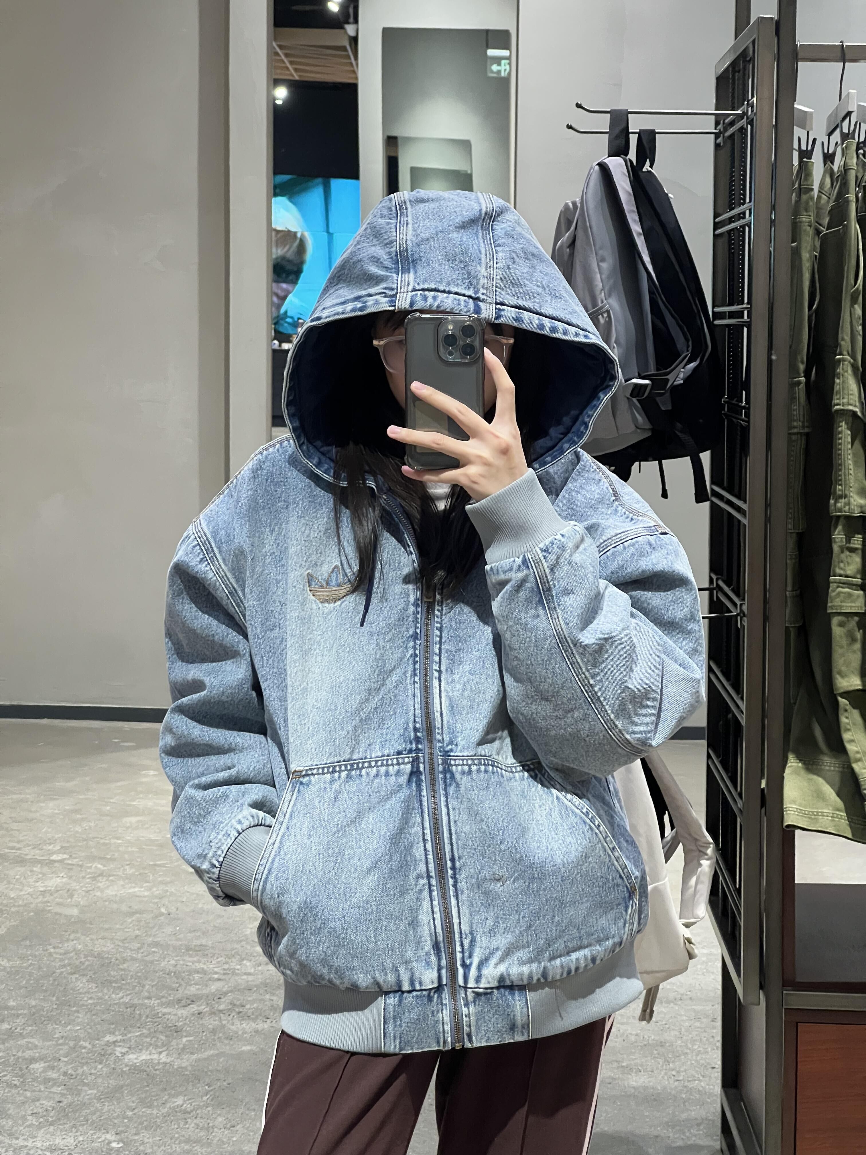 Adidas Originals Denim Padded Jacket 牛仔連帽外套 人造絨 丹寧 刷舊水洗 淺藍色 刺繡 厚磅 /預購