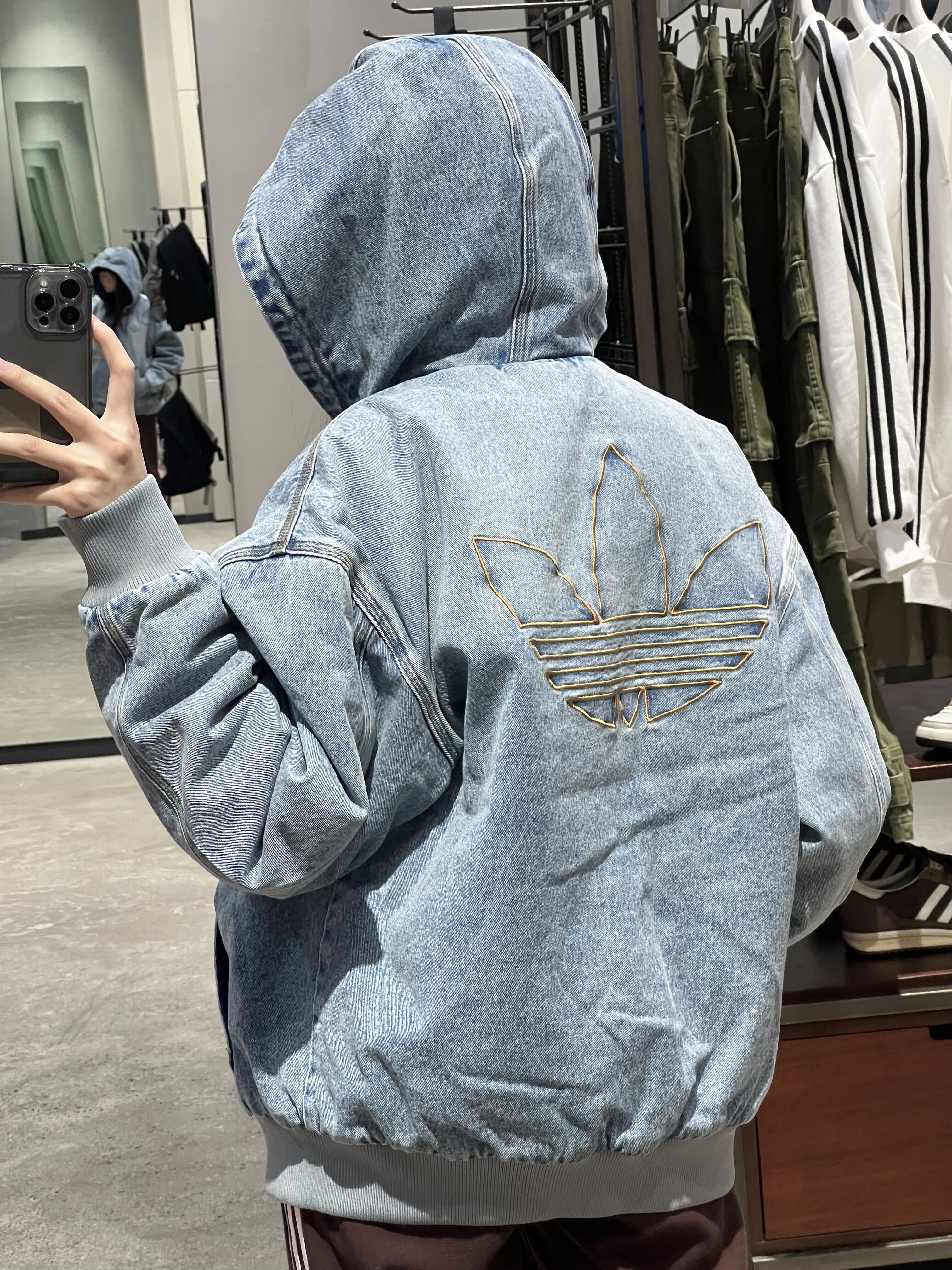 Adidas Originals Denim Padded Jacket 牛仔連帽外套 人造絨 丹寧 刷舊水洗 淺藍色 刺繡 厚磅 /預購