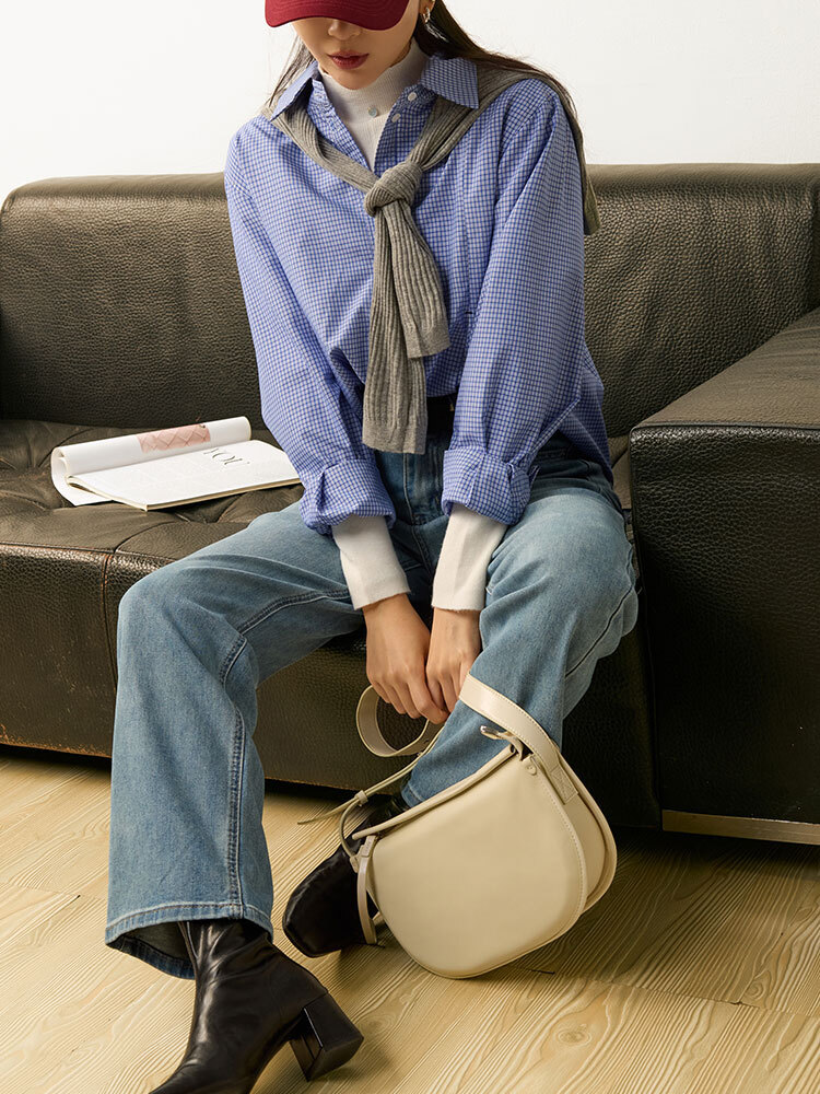 亮面真皮肩背馬鞍包