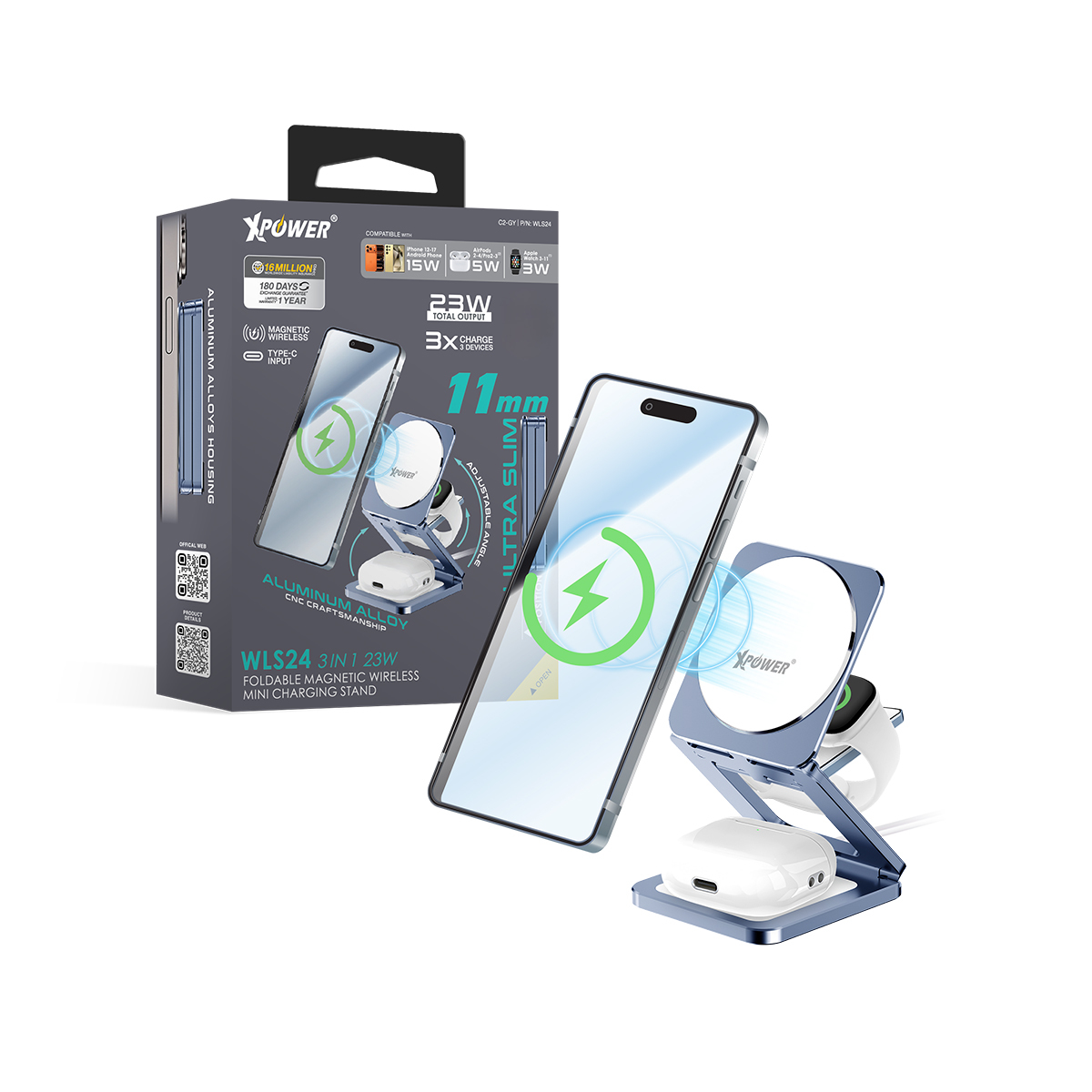 XPower WLS24 全球最薄鋁合金 3合1 Qi2 折疊式磁吸無線充電座