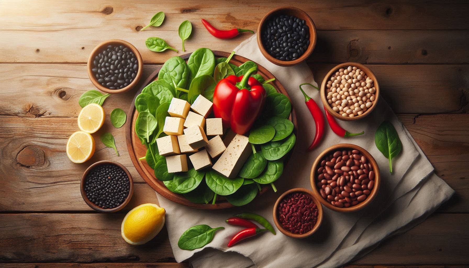 深綠蔬菜、豆腐與蔬果補鐵提升吸收的素食營養示意