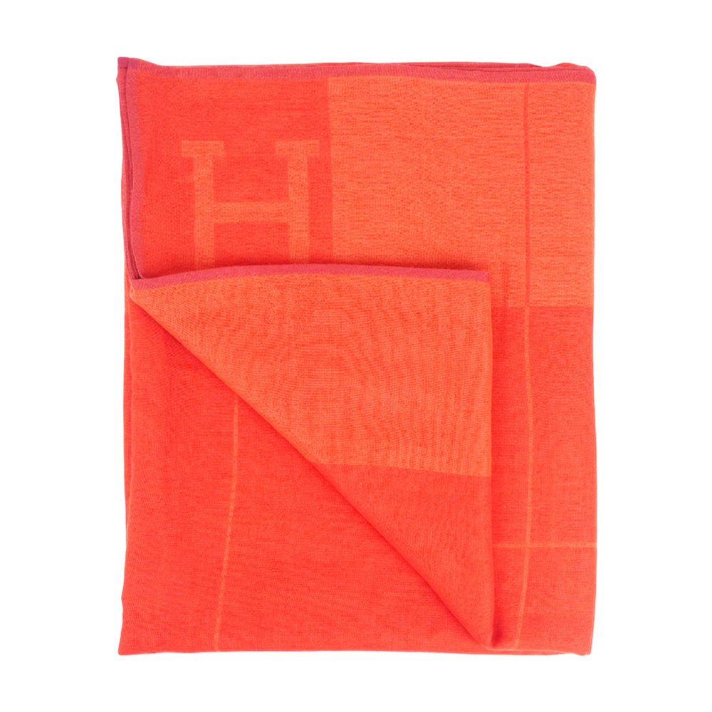 【Hermès】H Logo 喀什米爾羊毛寬版長披肩/圍巾(橘色)