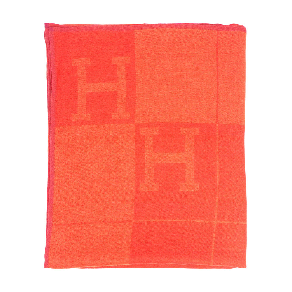 【Hermès】H Logo 喀什米爾羊毛寬版長披肩/圍巾(橘色)
