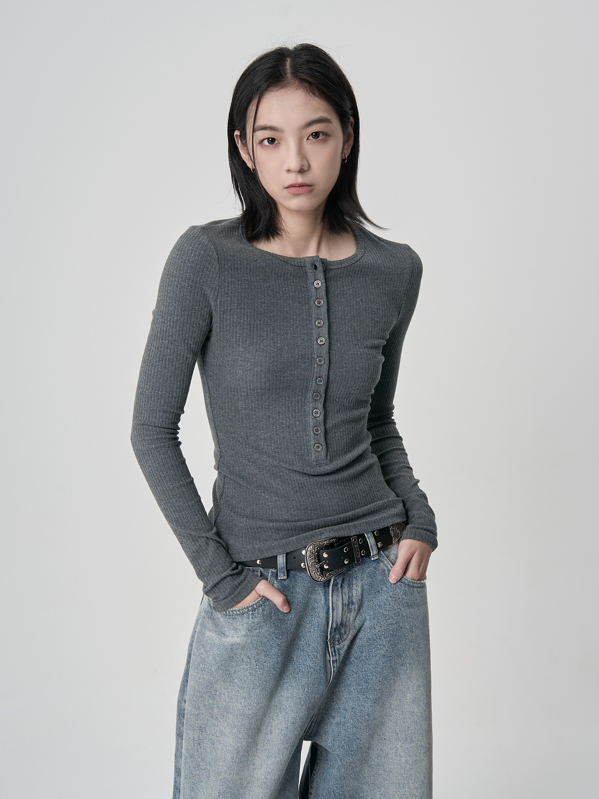 排釦彈性羅紋長袖-灰