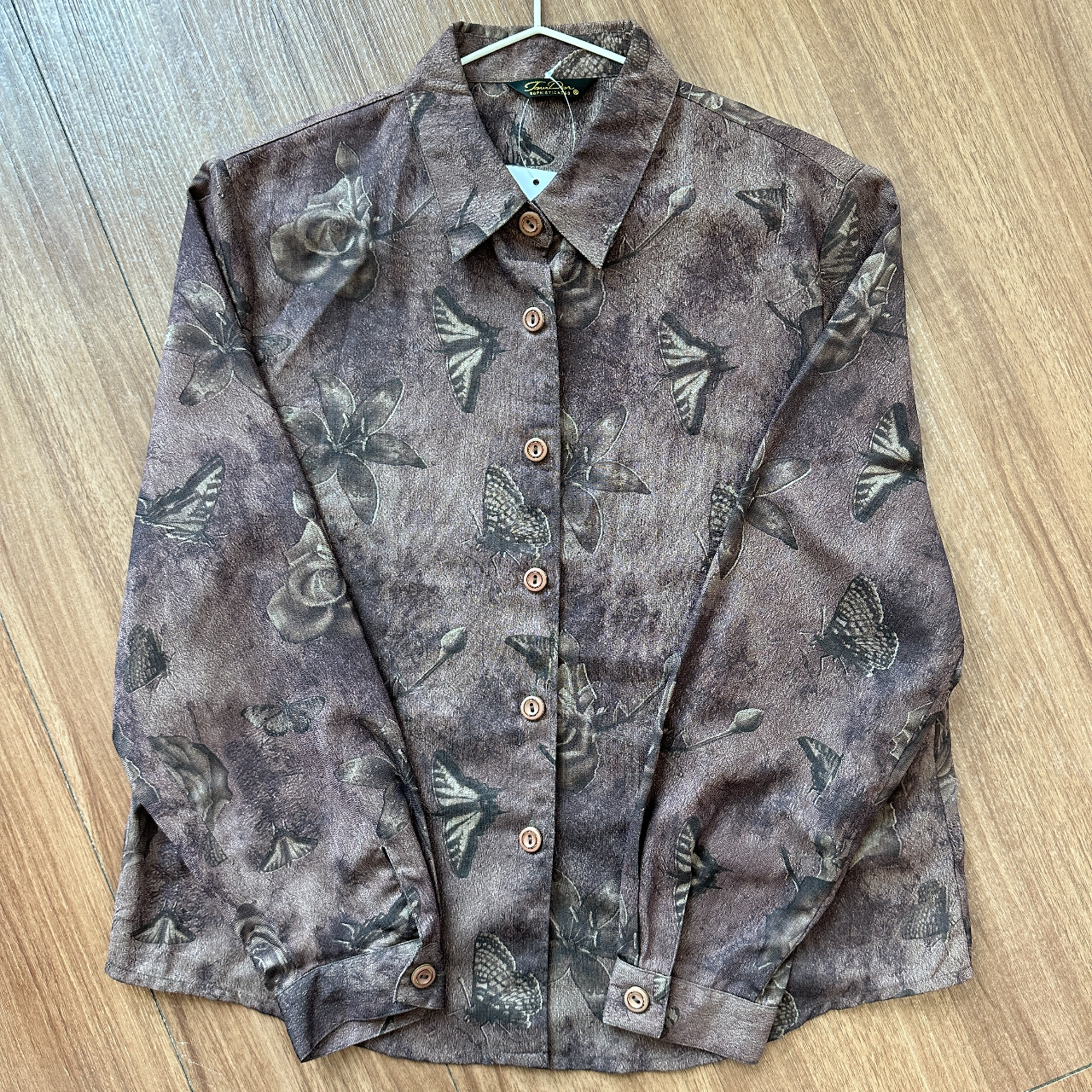 啡色素描風花蟲圖案古著上衣