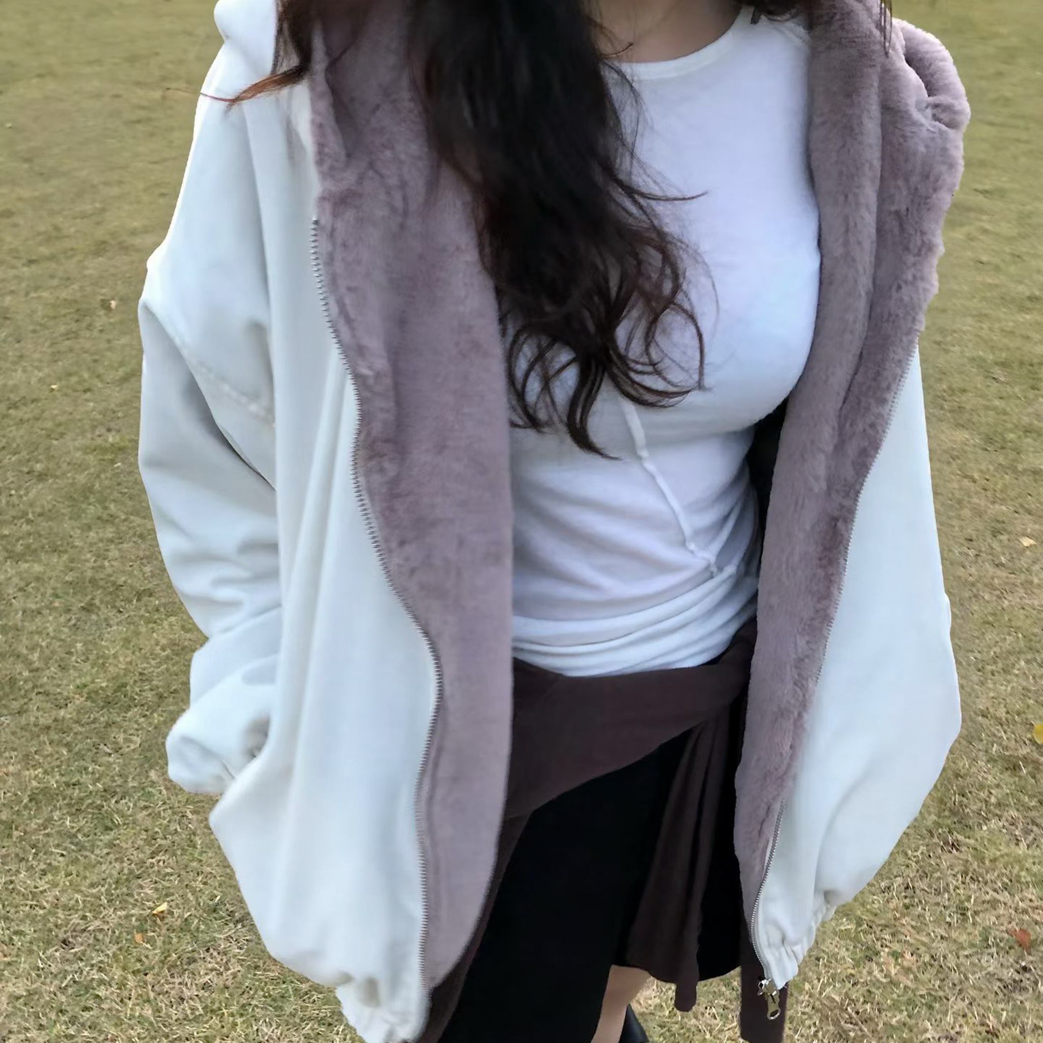 DE02 就是要大大件!雙面穿熊寶貝連帽光澤外(奶米)