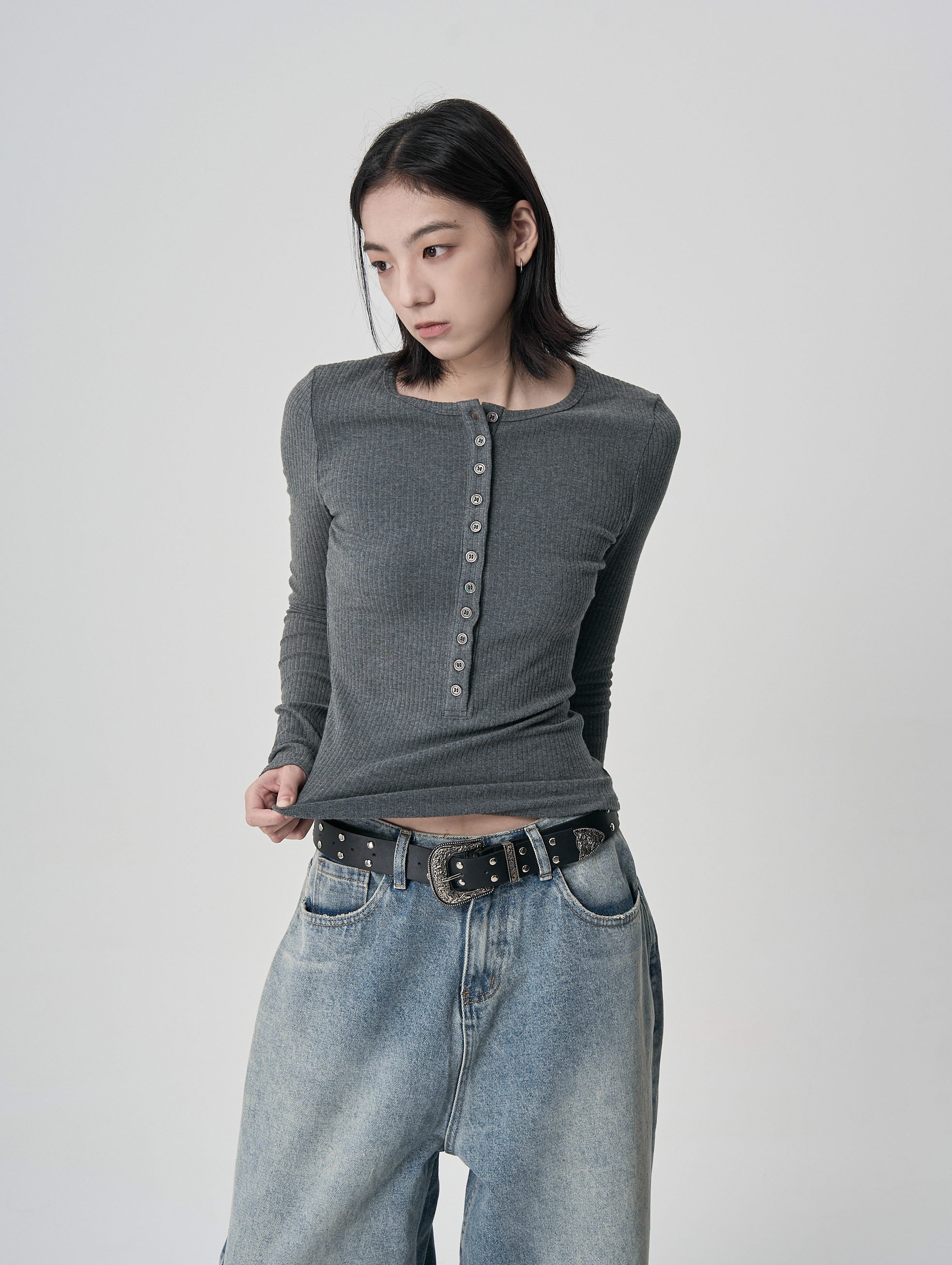 排釦彈性羅紋長袖-灰