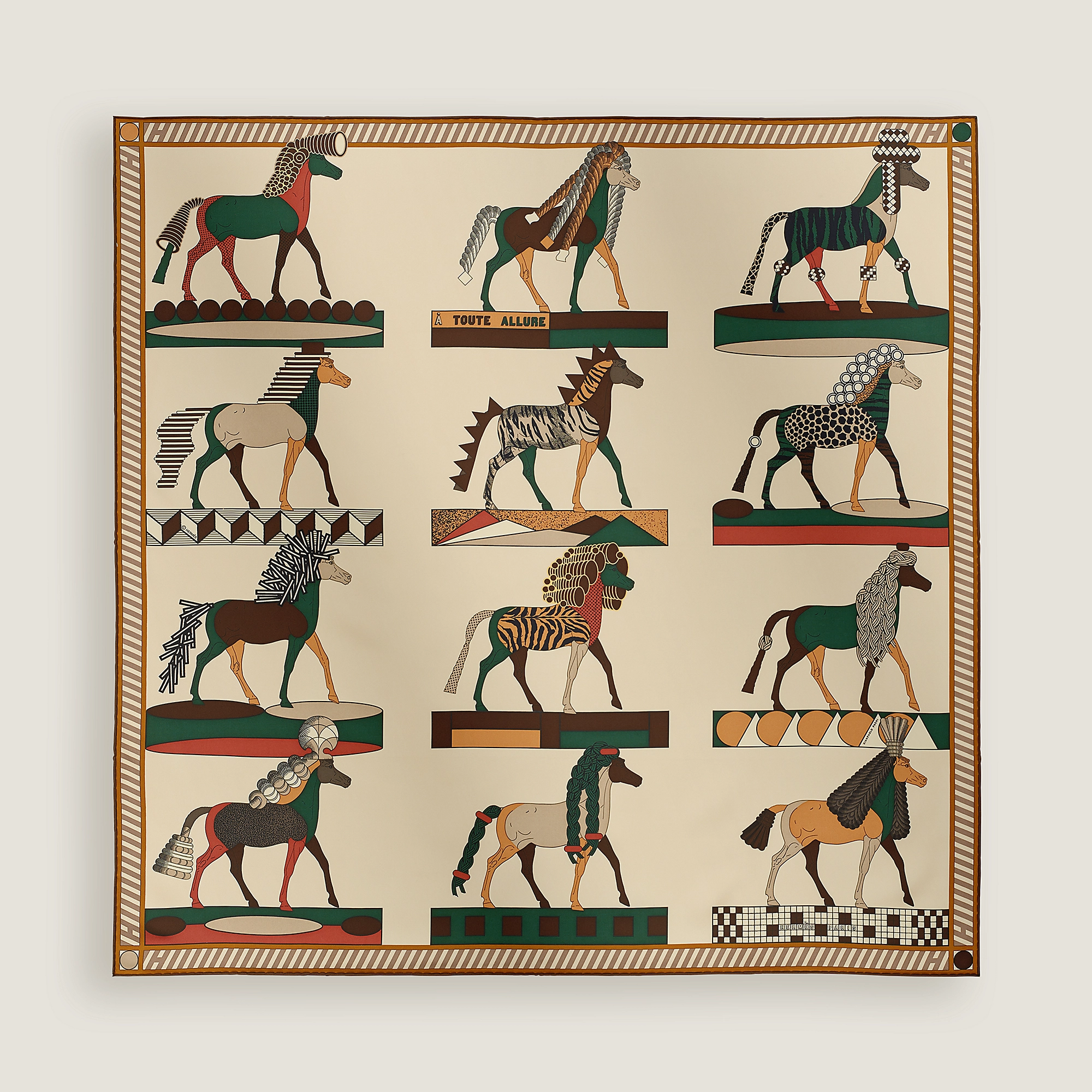 HERMES A Toute Allure scarf 90 crème / vert / chocolat