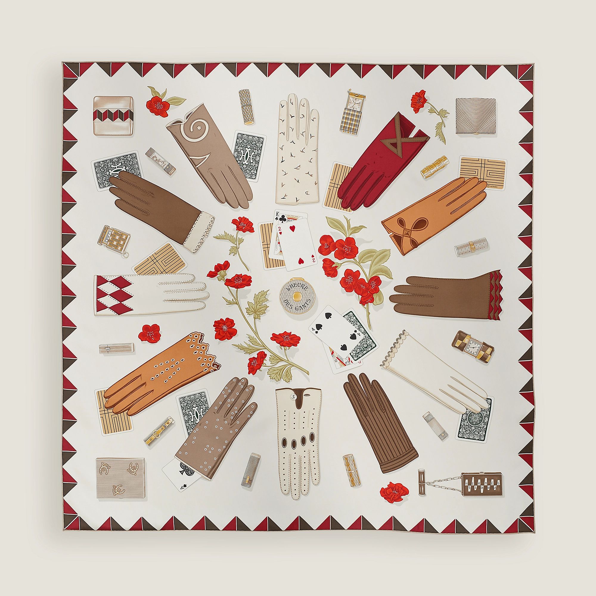 HERMES L'Heure des Gants scarf 90 blanc casse / étoupe / rouge H