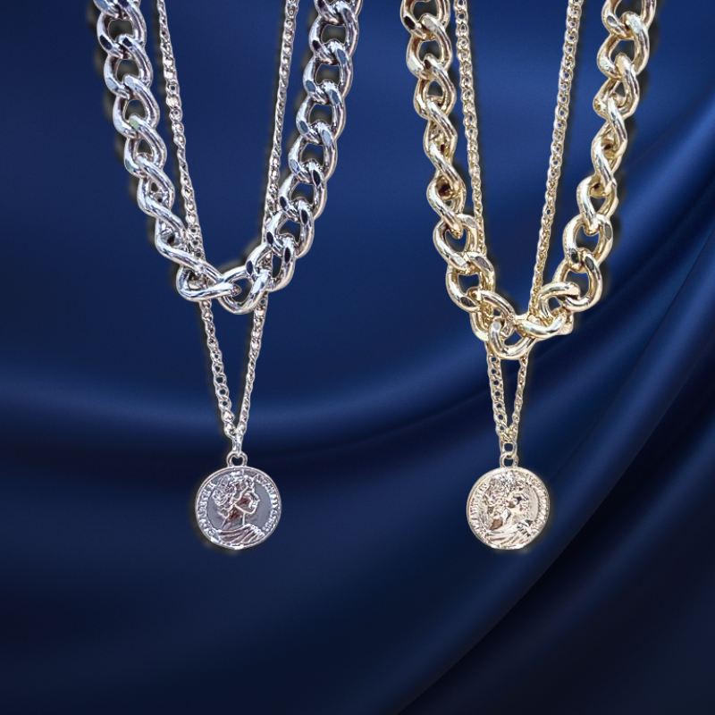 韓國直送項鍊 粗古巴鍊+素鍊吊側臉人像圓牌 鍍白金 2色