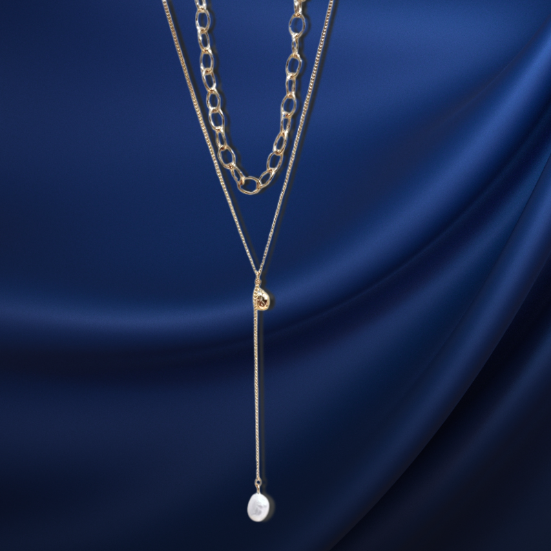 韓國直送項鍊 素鍊吊淡水珍珠+凹凸面水滴球+金圓圈鍊 鍍14K 二件組