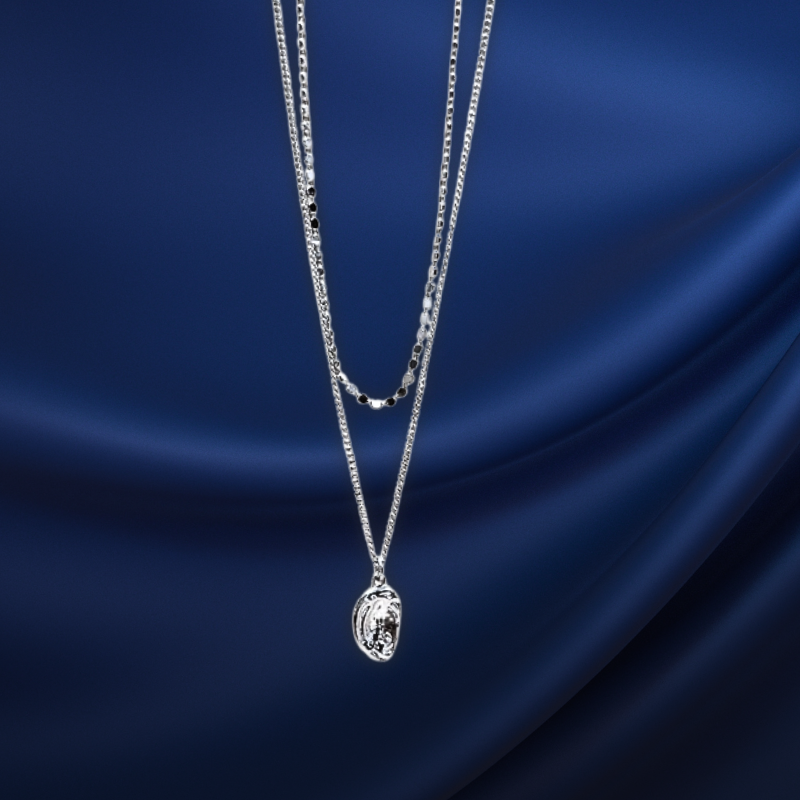 韓國直送項鍊 銀圓幣串+素鍊吊凹凸不規則橢圓 鍍白金 二件組