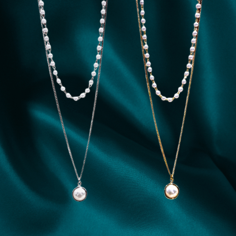 韓國直送項鍊 珍珠鍊+素鍊吊邊框珍珠 二件組 2色