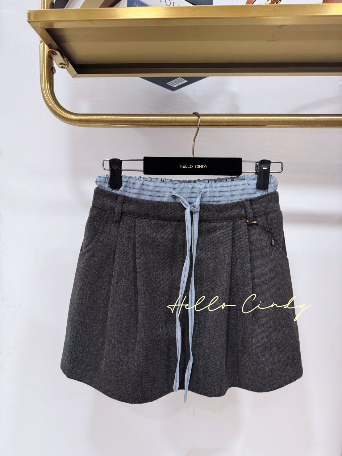 B12064 假兩件式條紋褲頭西裝綁帶短褲裙