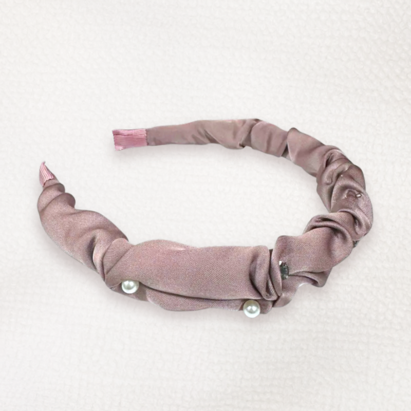 韓國直送髮飾 四爪鋯+珍珠素色緞面皺褶手工髮箍