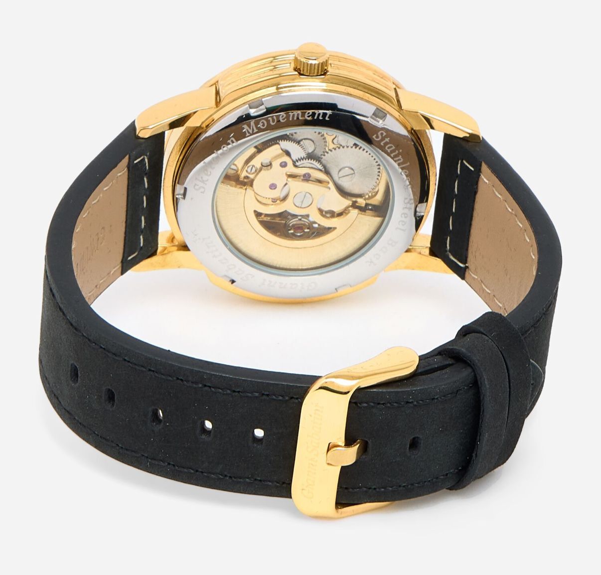 英國代購 (獨立訂單)-GIANNI SABATINI Black & Yellow Gold Leather Automatic Skeleton&nbsp;Watch