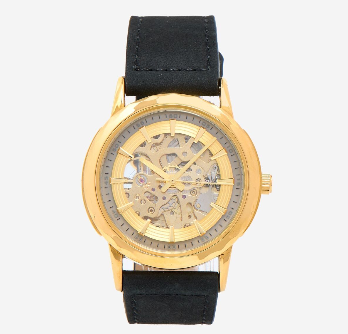 英國代購 (獨立訂單)-GIANNI SABATINI Black & Yellow Gold Leather Automatic Skeleton&nbsp;Watch