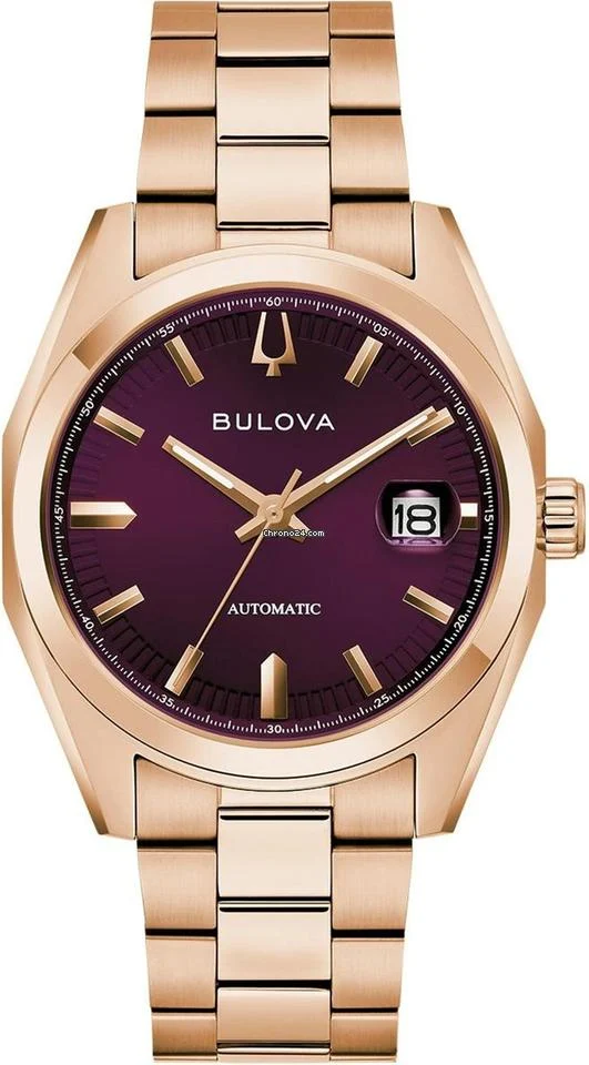 萬年鐘錶 - BULOVA 寶路華 玫瑰金外框紫色錶盤機械男錶 97B234 錶徑39MM