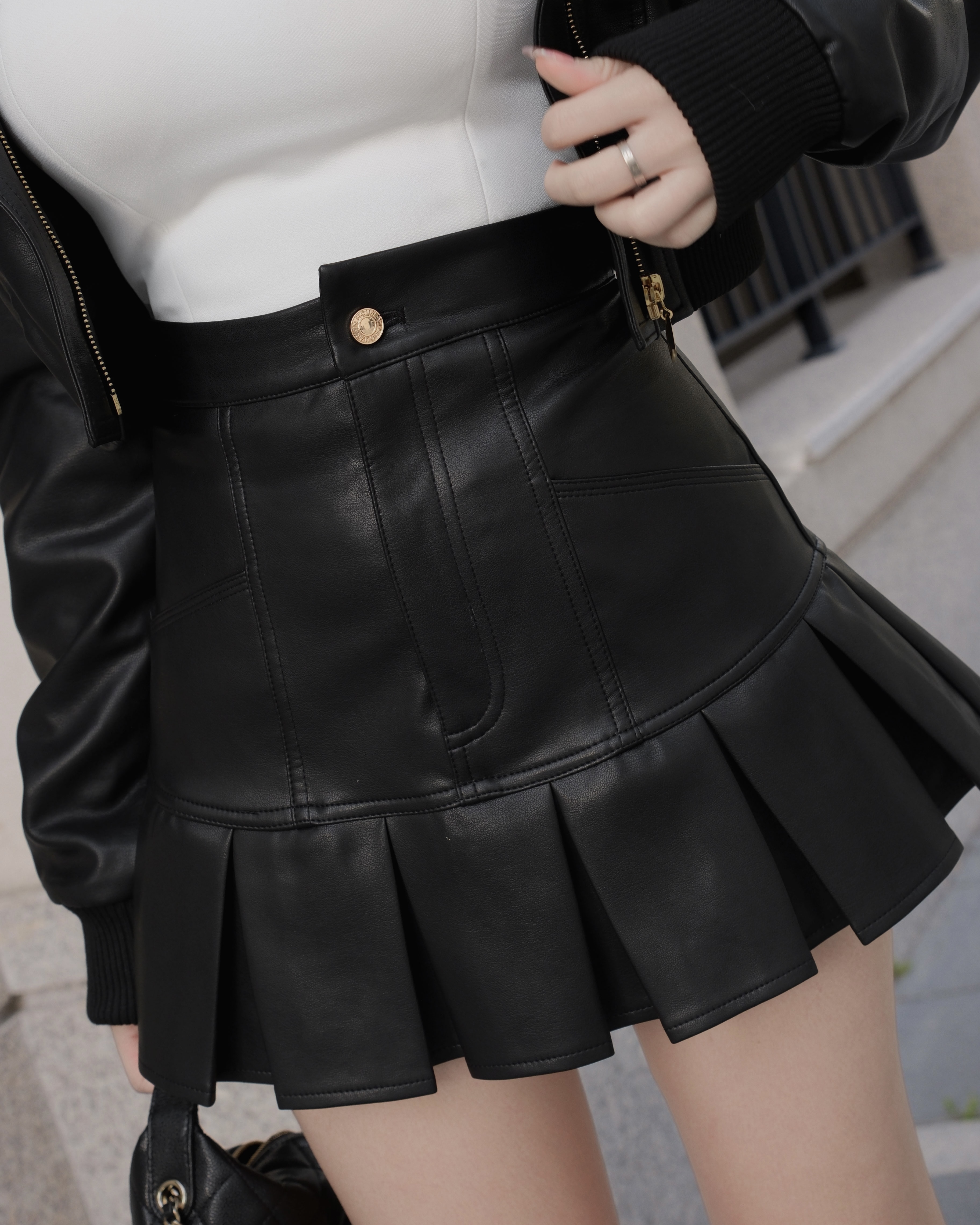 訂製-高腰車線口袋百褶褲裙