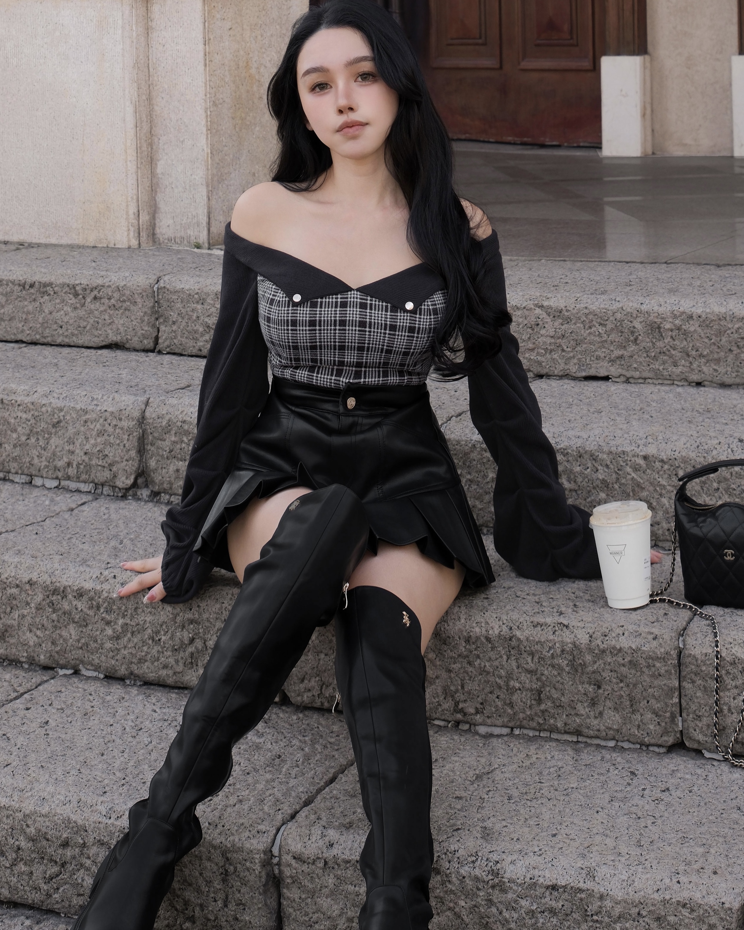 訂製-一字領撞色格紋短上衣