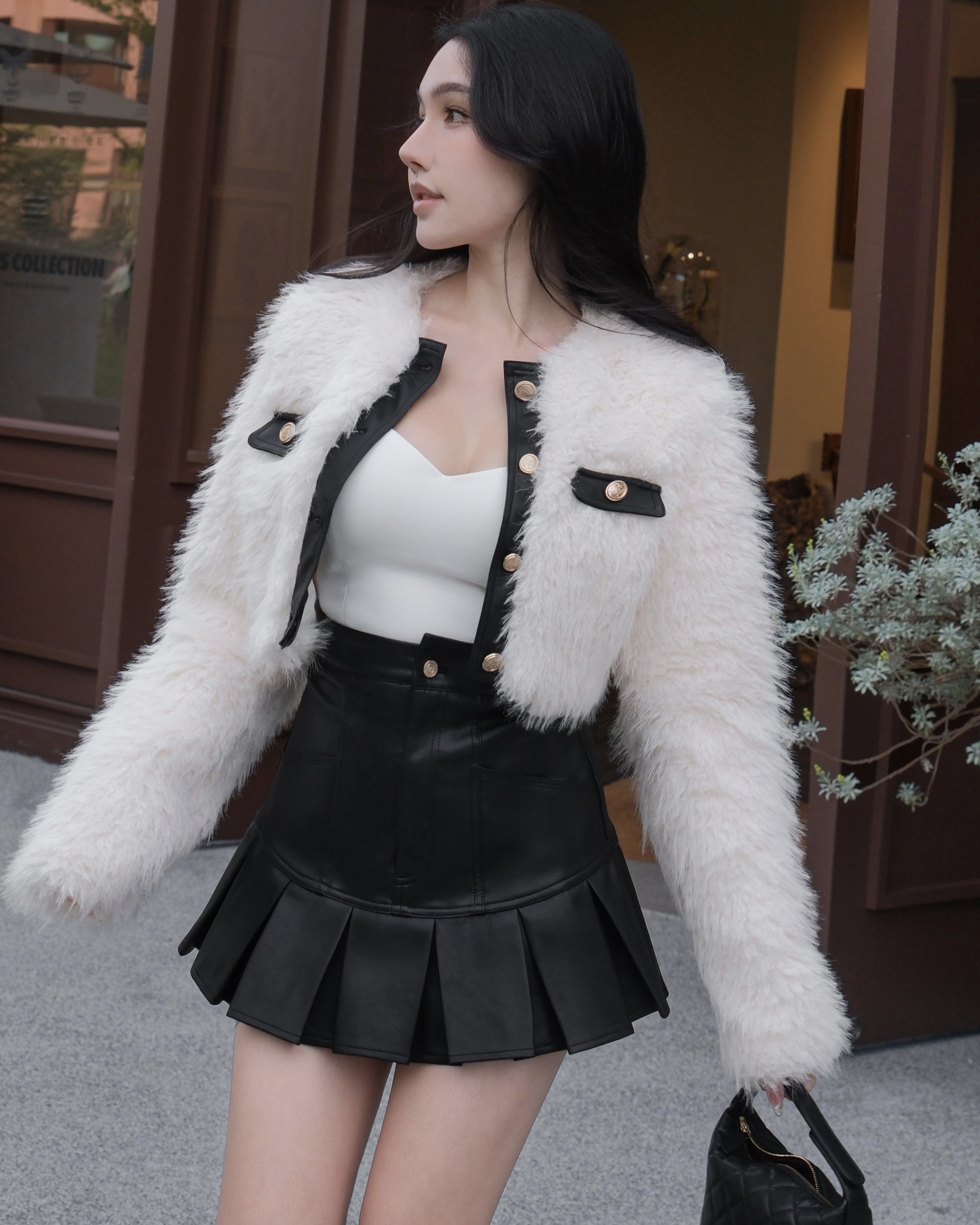 訂製-名媛毛毛撞色皮革短外套