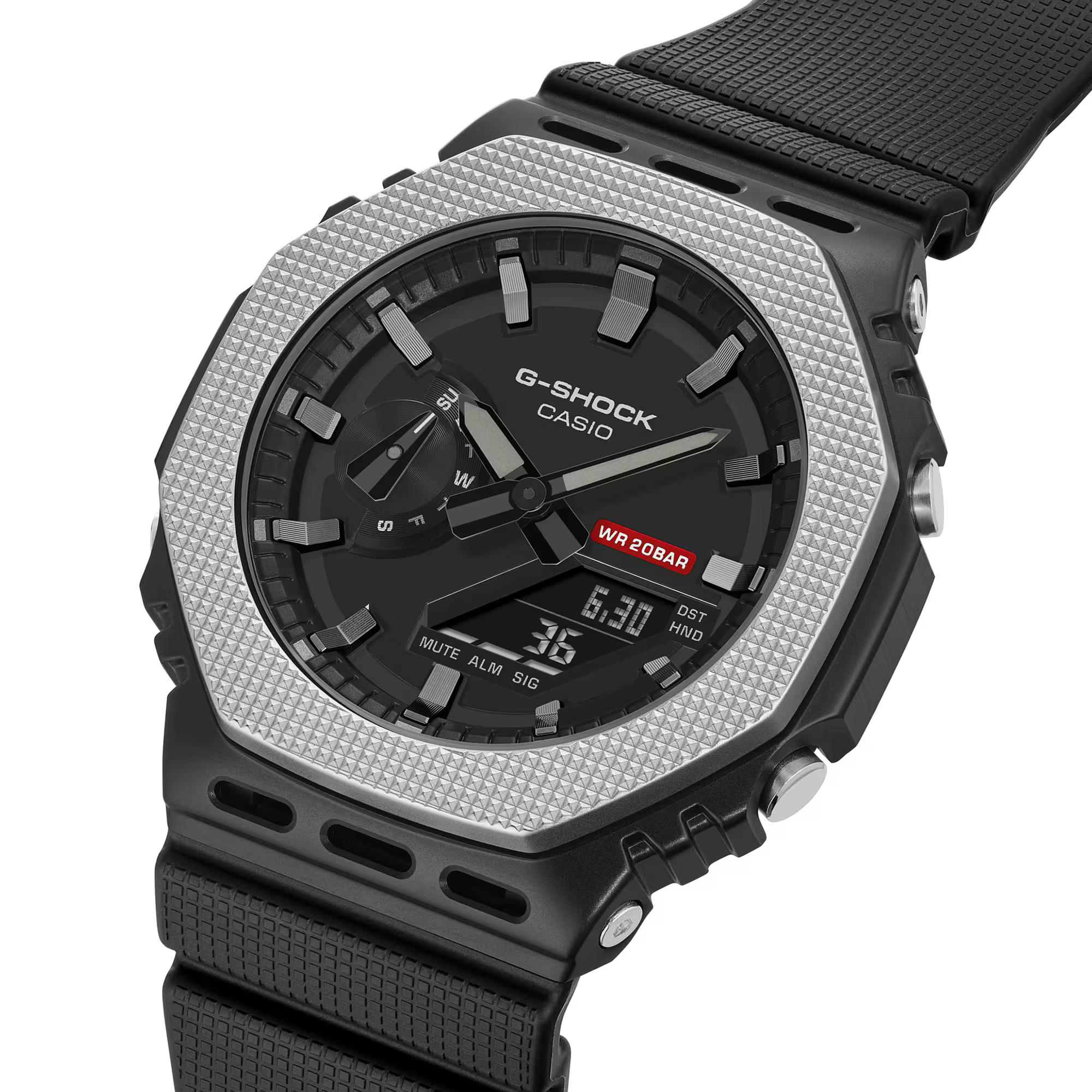 萬年鐘錶 - G-SHOCK   單色工業風紋理金屬錶圈八角形雙顯電子錶 GM-2100BM-1A  錶徑 : 44.4 mm