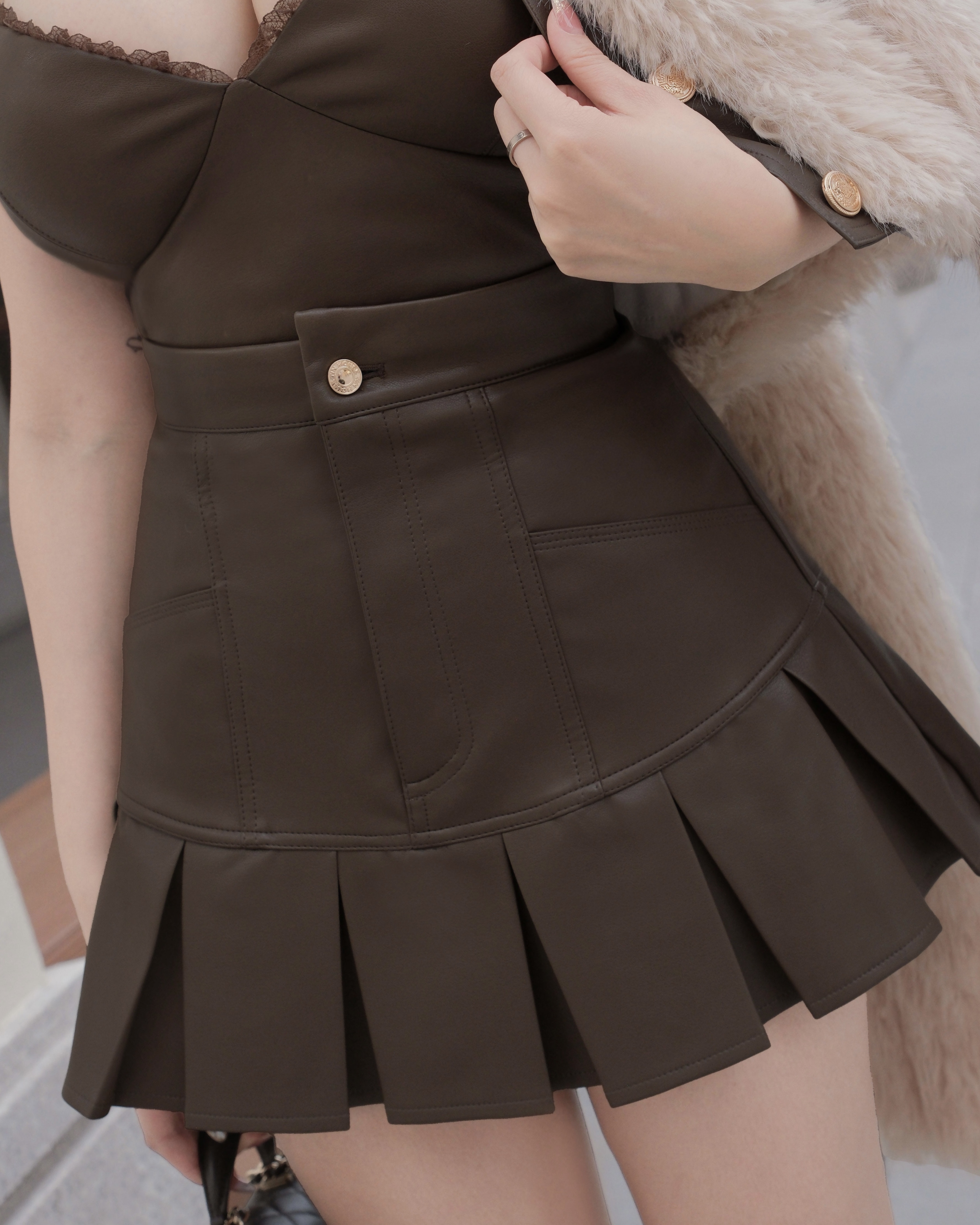 訂製-高腰車線口袋百褶褲裙