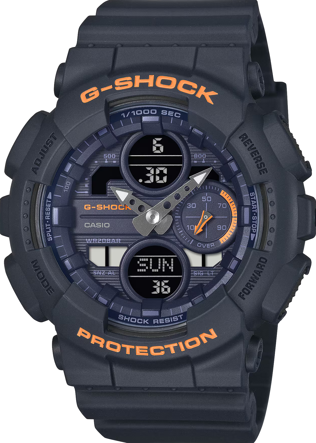 萬年鐘錶 - G-SHOCK 霧面橘色點綴時尚經典雙顯電子錶 GMA-S140-2A2 錶徑 : 45.9mm