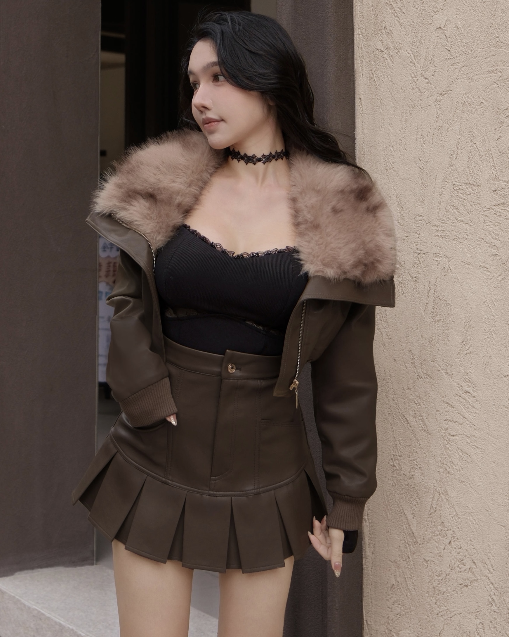 訂製-個性斑點大翻毛領皮革短外套