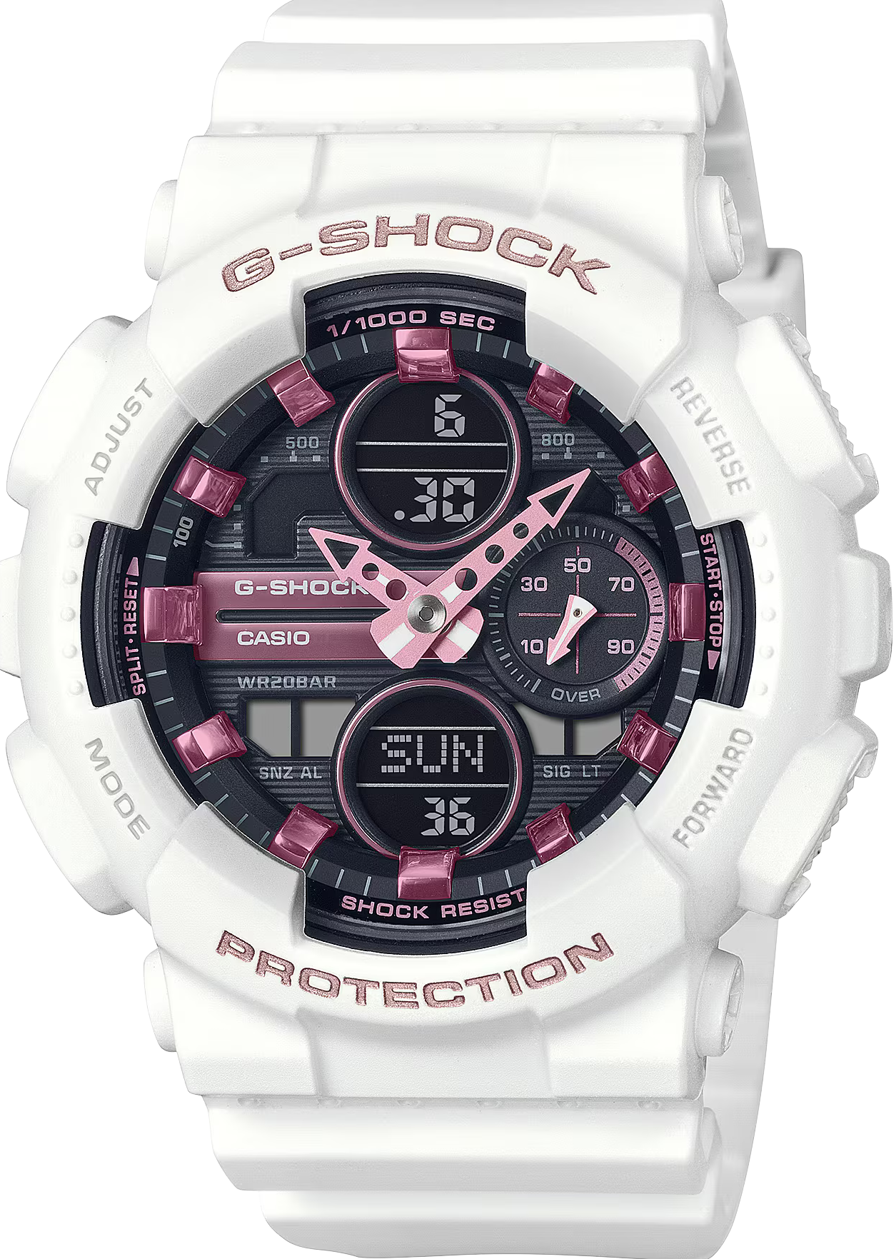 萬年鐘錶 - G-SHOCK 亮眼白玫瑰金時尚經典雙顯電子錶 GMA-S140M-7A 錶徑 : 45.9mm