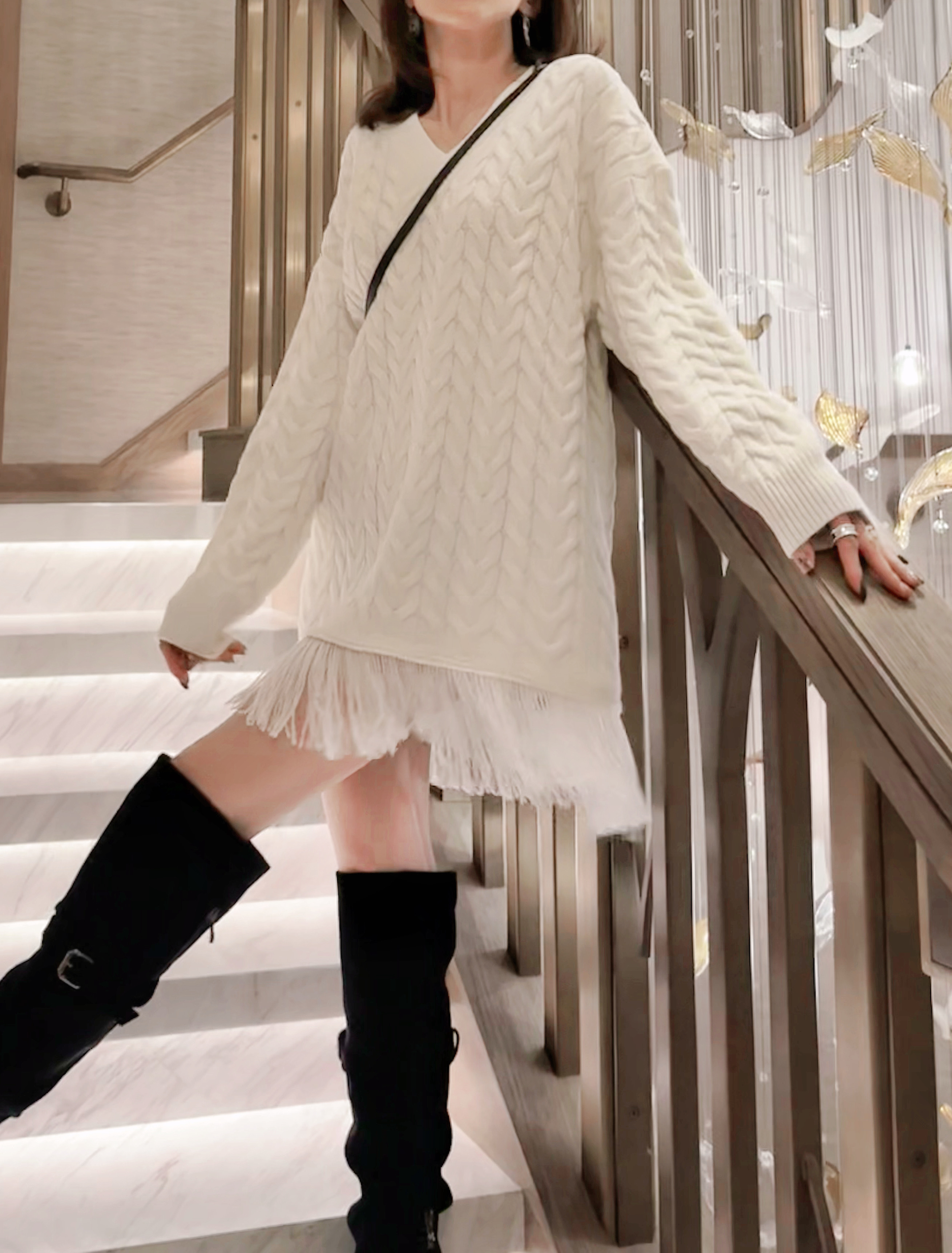 Fringed Cable Knit Oversize Mini Dress _DS241L10