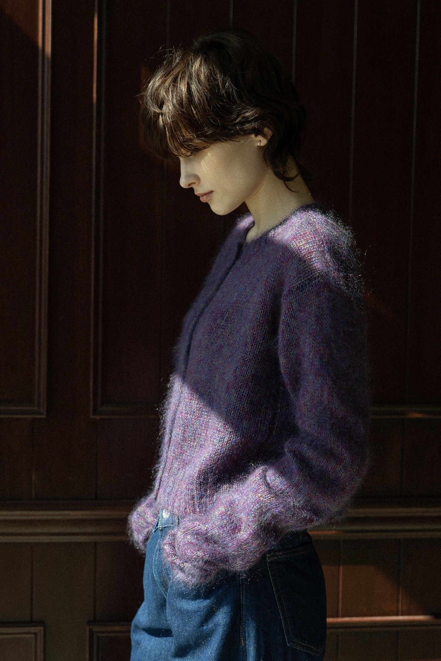 2025 秋冬 羊毛圓領長袖開襟衫_紫色
