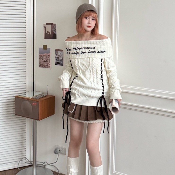 冬日交織線 一字領綁帶麻花針織毛衣