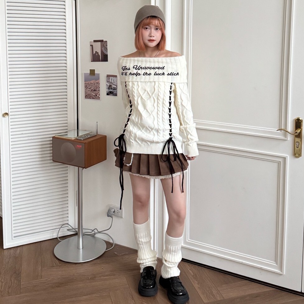 冬日交織線 一字領綁帶麻花針織毛衣