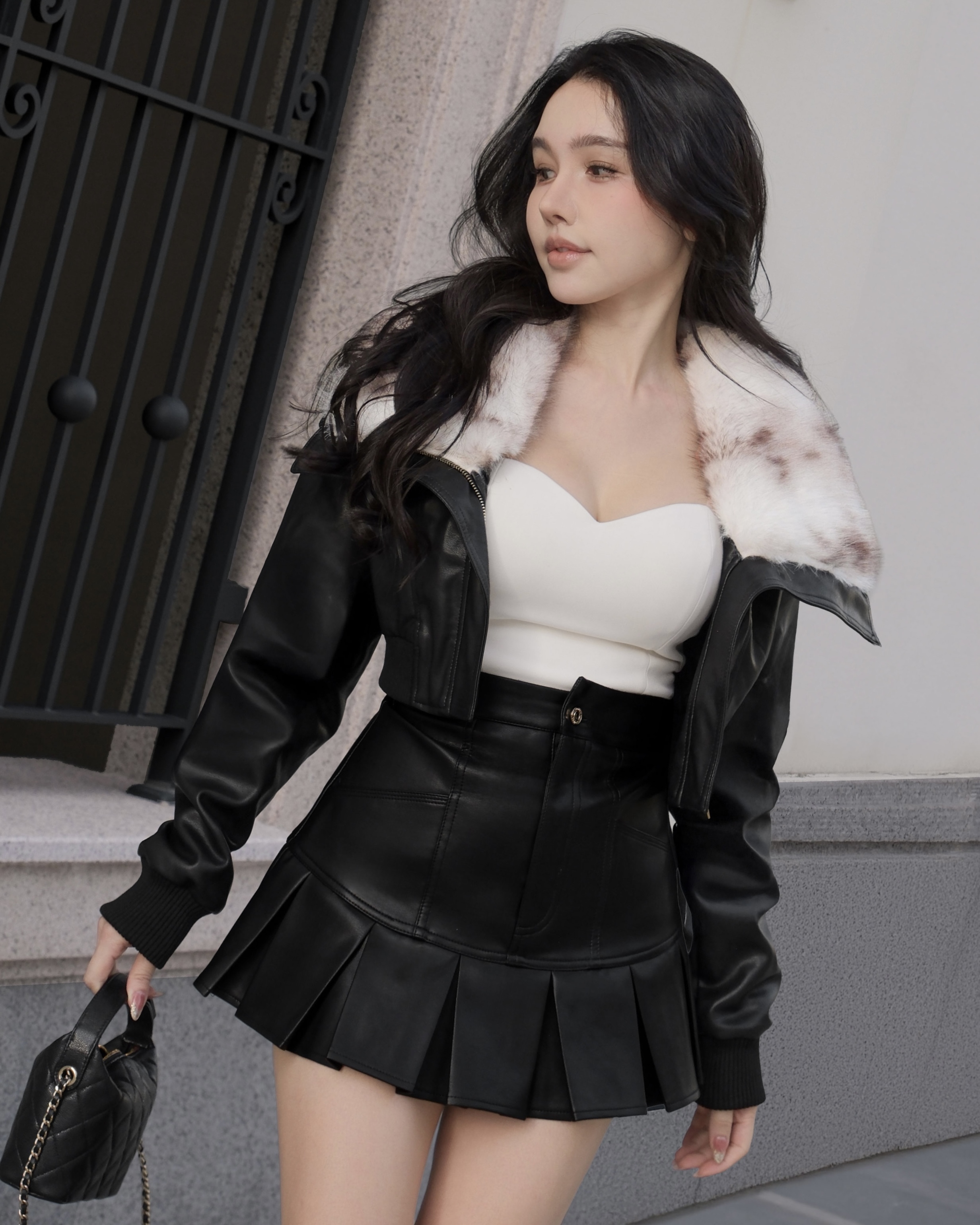 訂製-個性斑點大翻毛領皮革短外套