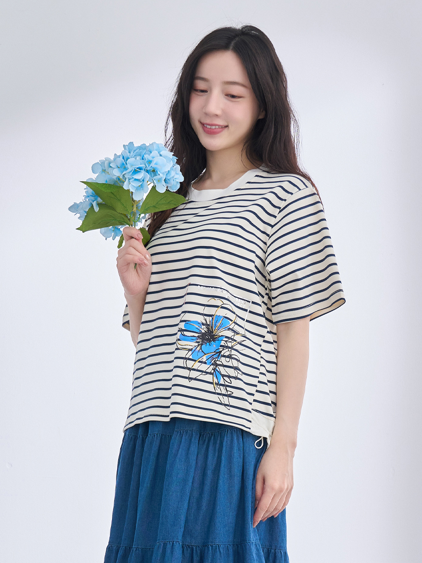 扶桑印花下擺抽繩條紋上衣