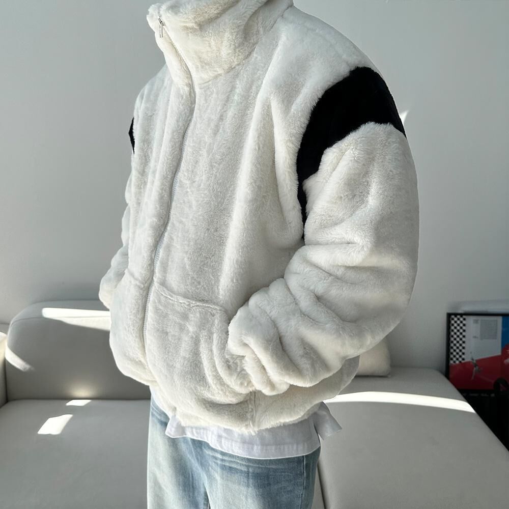 拼色企領拉鍊毛毛褸(薄夾棉) JK2473