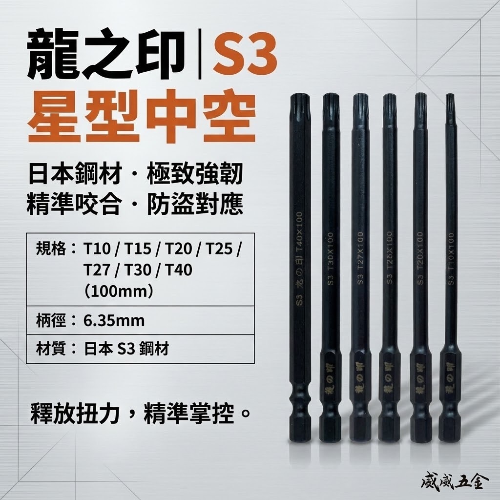 龍之印｜T10-T40  長100mm｜單頭星型中空起子頭 10公分｜六角軸星型中空起子頭 S3材質｜台灣製