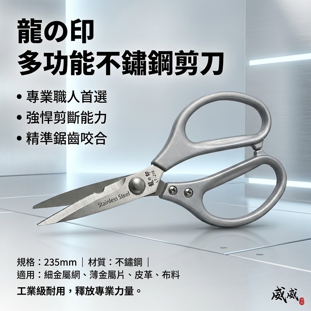 台灣製 龍之印｜235mm 多用途大型剪刀 鋸齒不鏽鋼剪刀 樹枝皮革漁網金屬網薄金屬片白鐵剪刀｜LT-J16