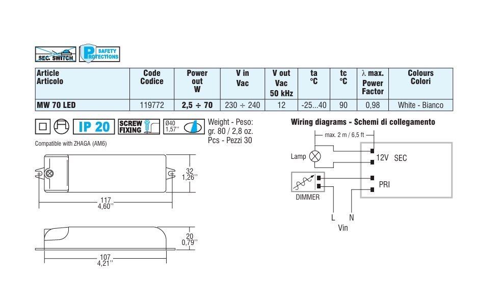 TCI 119772 70W 可調光（後沿）LED變壓器