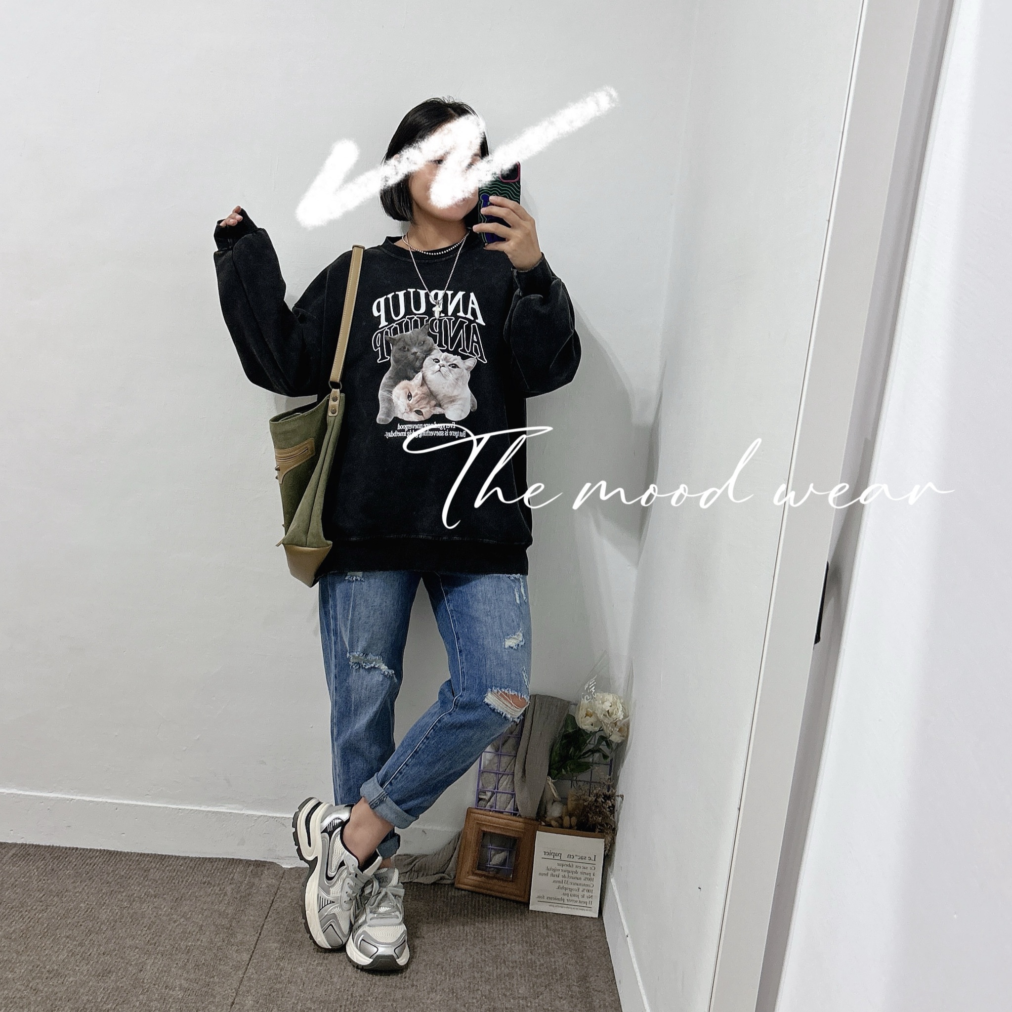 軟萌大頭貓咪水洗長袖上衣