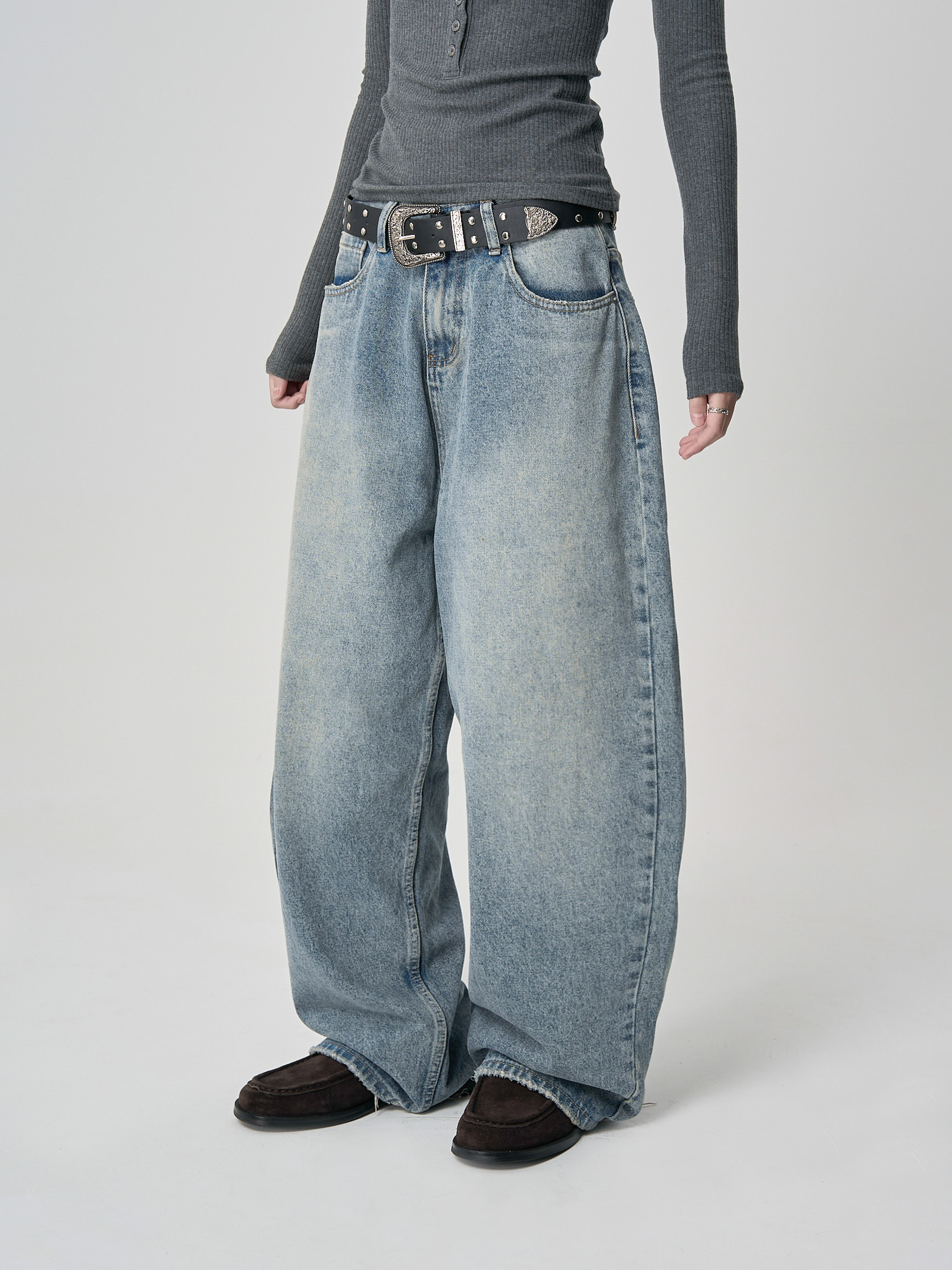 經典寬直筒不收邊單寧長褲