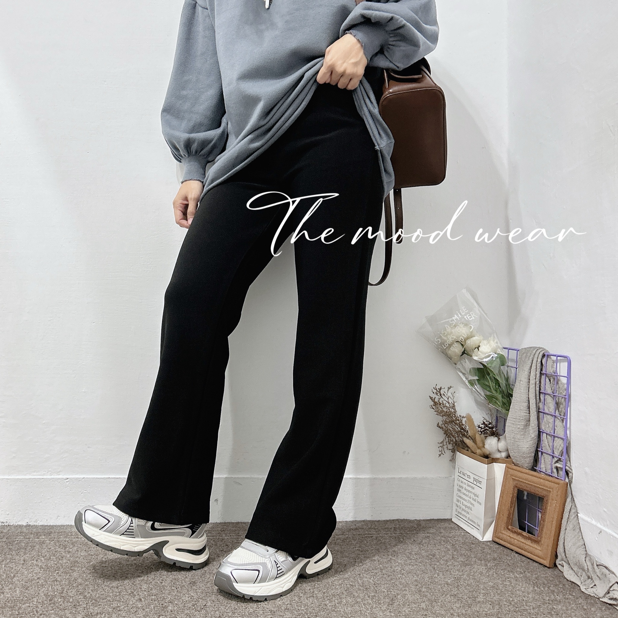 M-3xL內刷毛細腿大彈性挺版黑褲