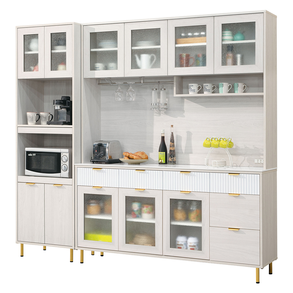 提西7.3尺岩板多功能碗盤收納餐櫃組合(2尺高電器櫃+5.3尺岩板高餐櫃)