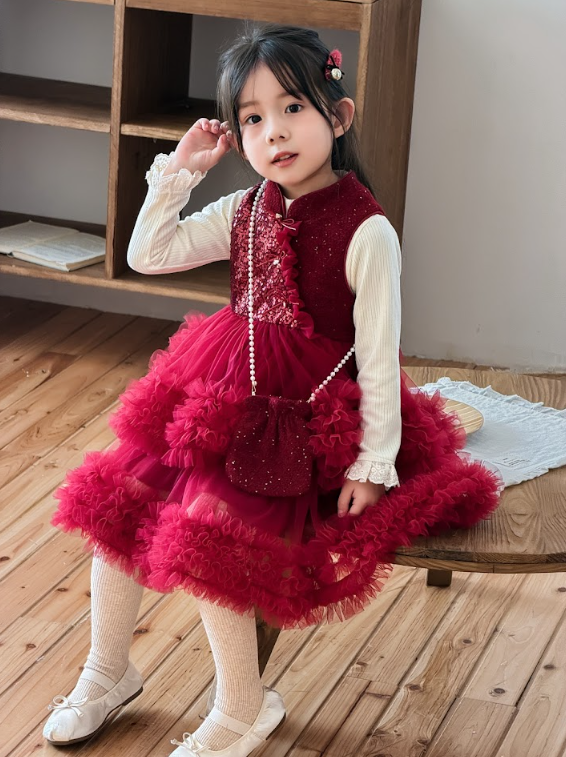 BYB12SE024RD 紅色旗袍蛋糕紗裙連打底衫連珍珠小袋