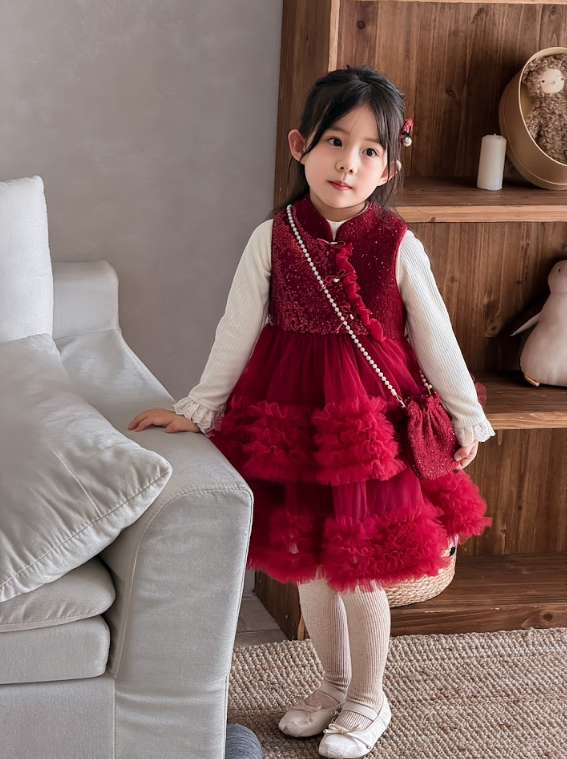 BYB12SE024RD 紅色旗袍蛋糕紗裙連打底衫連珍珠小袋